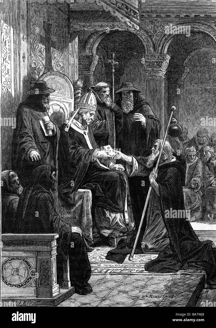 Peter the Hermit, circa 1050 - 8.7.1115, French priest, presentng Pope Urban II a letter from the Patriarch of Jerusalem, 1096, wood engraving after Maillard, France, 19th century, , Stock Photo