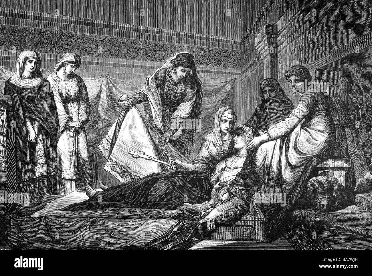 Matilda of Ringelheim, circa 895 - 14.3.968 AD, German queen and saint, wife of Henry I, image of the last moments in life of the queen, wood engraving by Friedrich Hottenroth, 19th century, Stock Photo