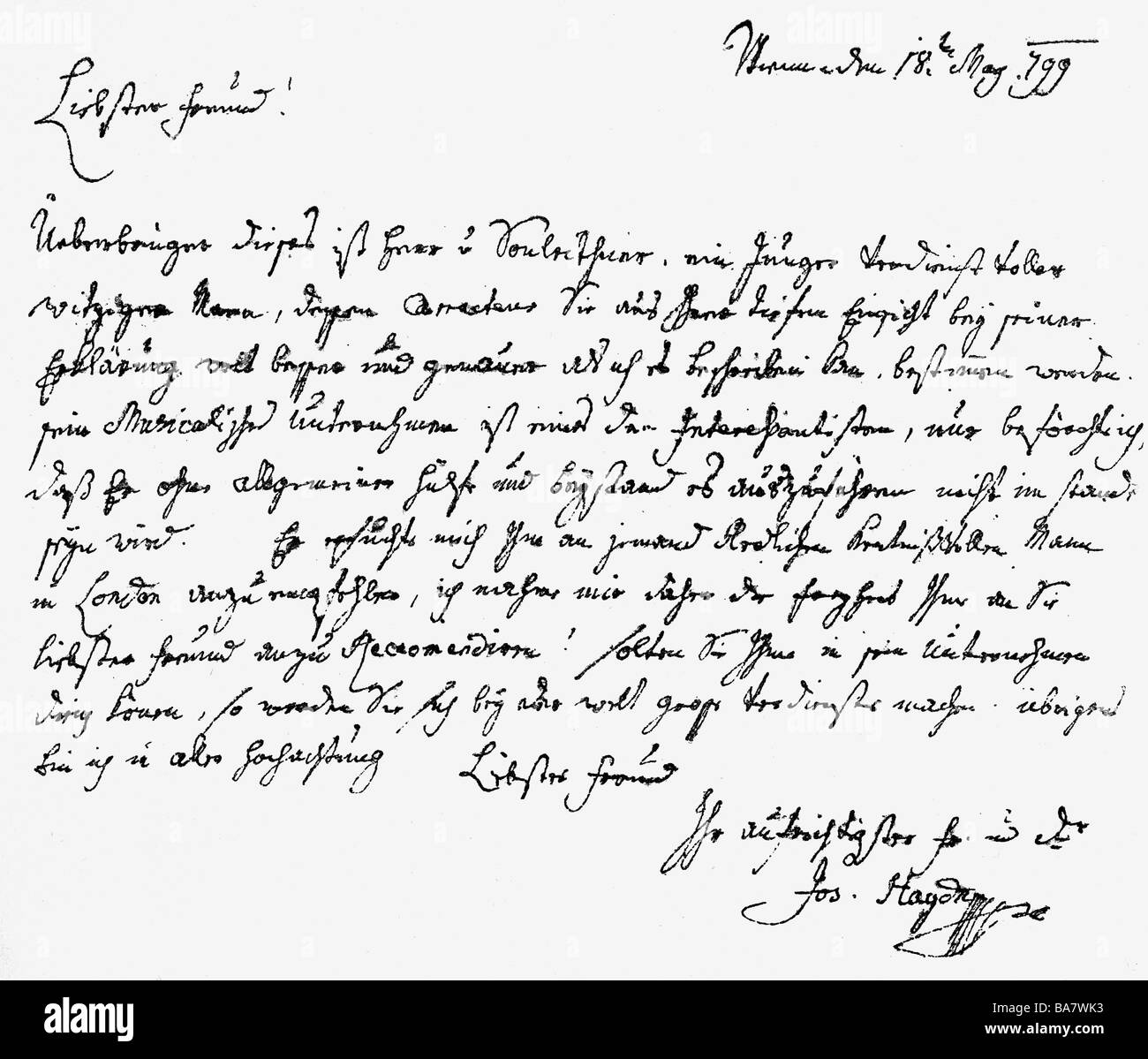 Haydn, Joseph, 31.3.1732 - 31.5.1809, Austrian composer, handwriting, letter to Johann Peter Salomon in London, 18.5.1799, , Stock Photo