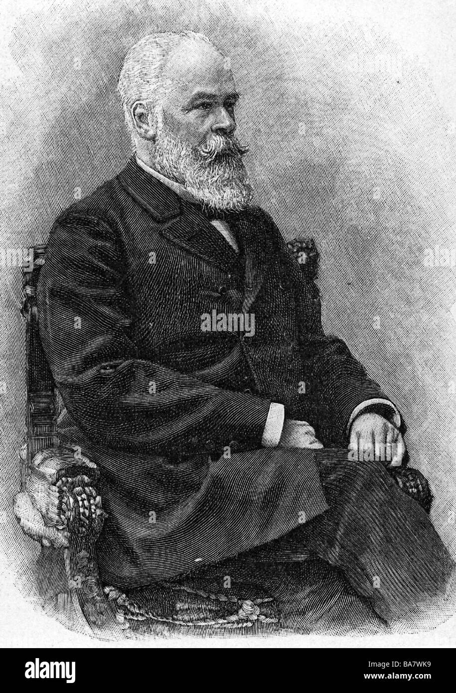 Schmoller, Gustav von, 24.6.1838 - 27.6.1917, German economist, half length, sitting, wood engraving, 19th century, Stock Photo
