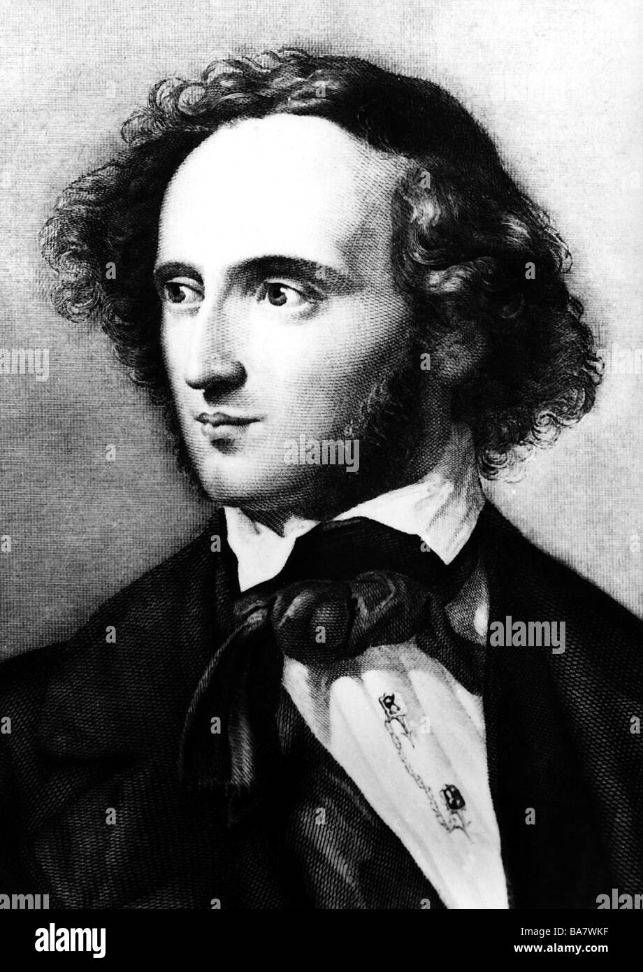 Mendelssohn Bartholdy, Felix 3.2.1809 - 4.11.1847, German musician (composer), portrait, engraving by J. Caspar after painting by W. Hensel, 19th century, Stock Photo
