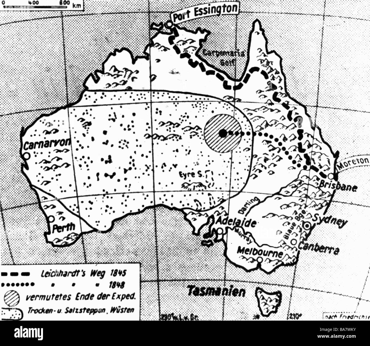 German States 1848 Map - Leichhardt Ludwig 23101813 1848 German Explorer Route Of His Both BA7WKY