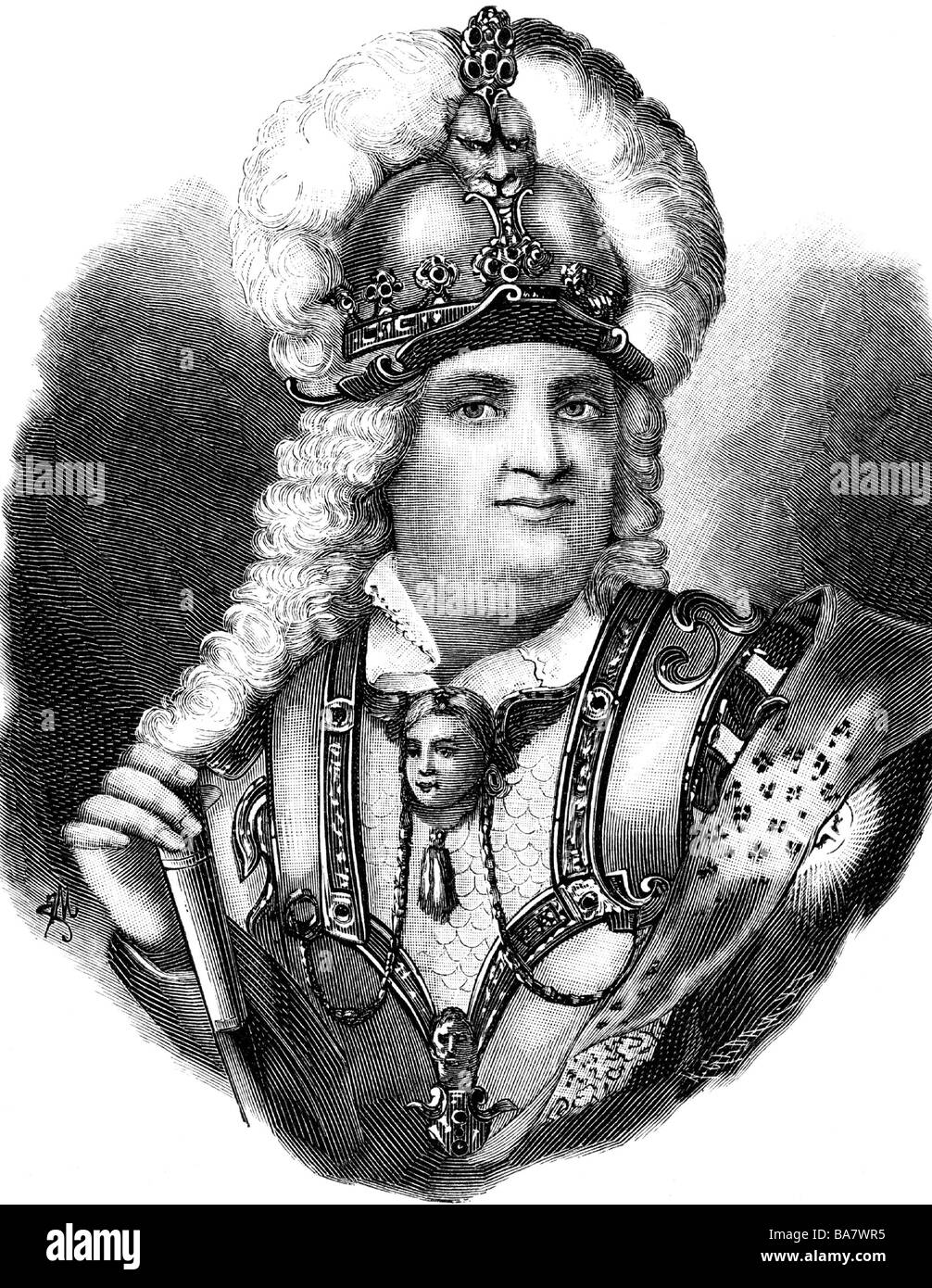 Frederick Augustus I 'the Strong', 12.5.1670 - 1.2.1733, Elector of Saxony since 27.4.1694, King of Poland since 15.9.1697, portrait, wood engraving, 19th century, after image from the 'Green Vault', Dresden, Stock Photo