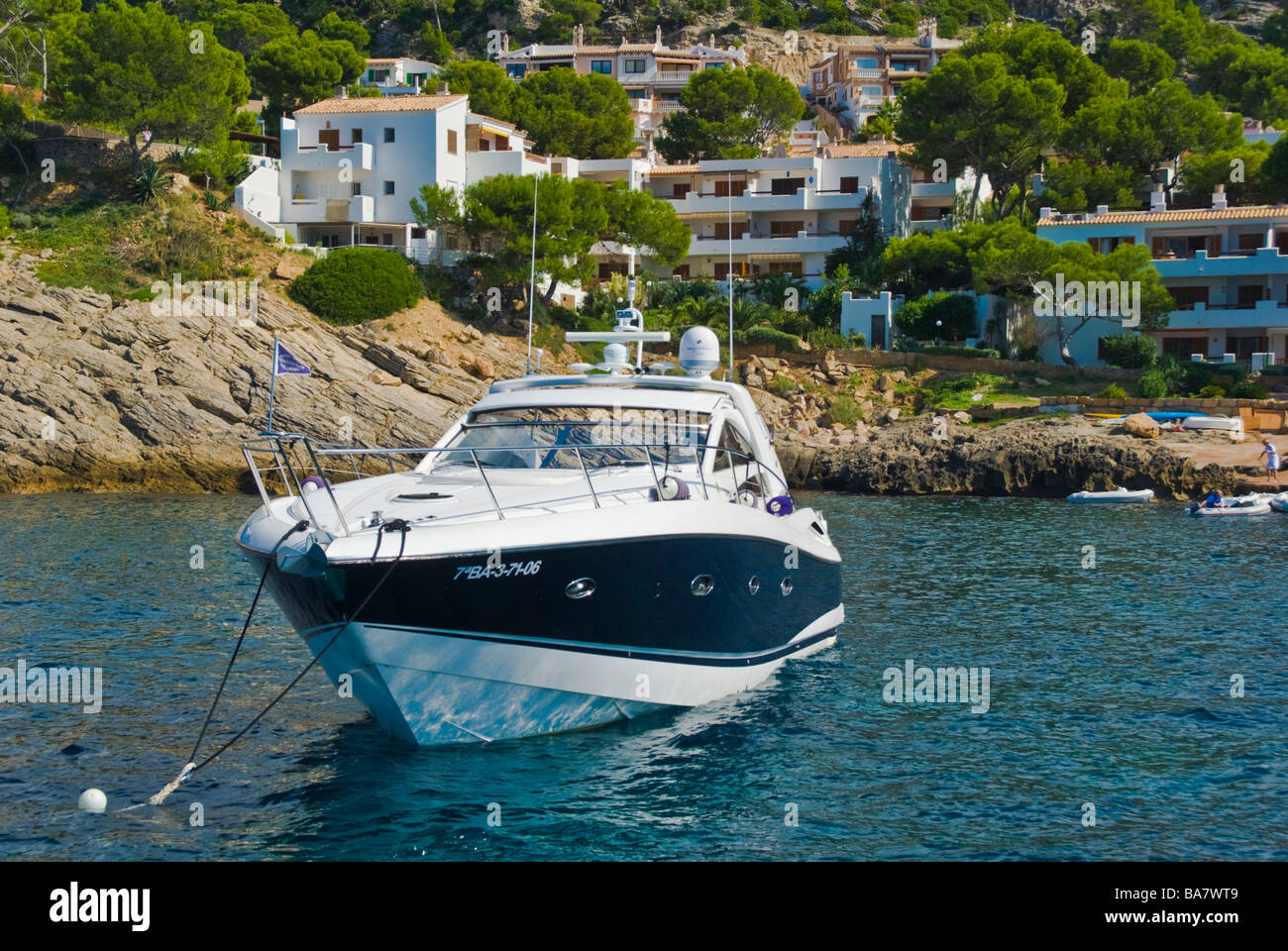 Yacht anchoring in front of Sant Elm Majorca Baleares Spain Sant Elm, Majorca, Baleares, Spain | Yacht ankert vor Sant Elm Stock Photo