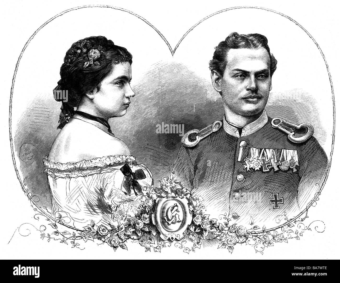 Leopold, 9.2. 1846 - 28.9.1930, Prince of Bavaria, with wife Gisela of Austria-Hungary (12.7.1856 - 27.7.1932), portrait, wood engraving, publishe on occation of their marriage, 20.4.1873, , Stock Photo