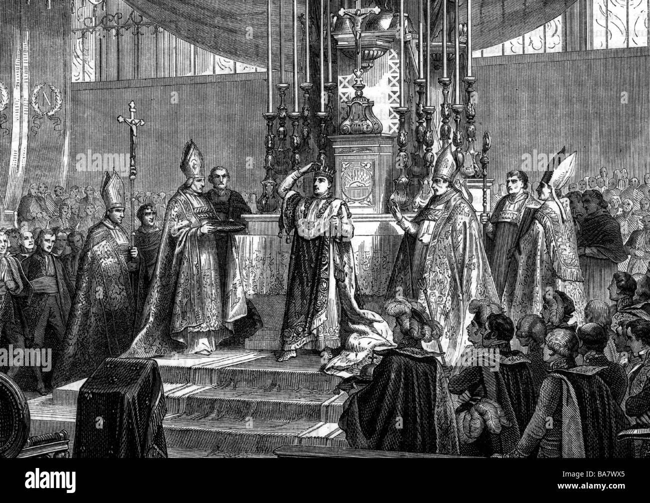 Napoleon I, 15.8.1769 - 5.5. 1821, Emperor of the French 2.12.1804 - 22.6.1815, coronation at Notre Dame, Paris, 2.10.1804, wood engraving, 19th century, Stock Photo
