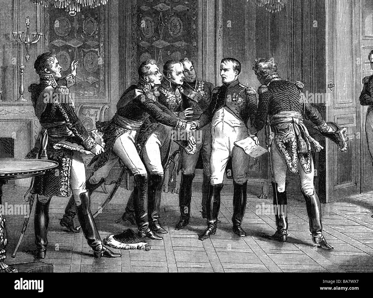 Napoleon I., 15.8.1769 - 5.5. 1821, Emperor of the French 2.12.1804 - 22.6.1815, abdication at Fontainebleau 11.4.1814, telling his generals, wood engraving, 19th century, , Stock Photo