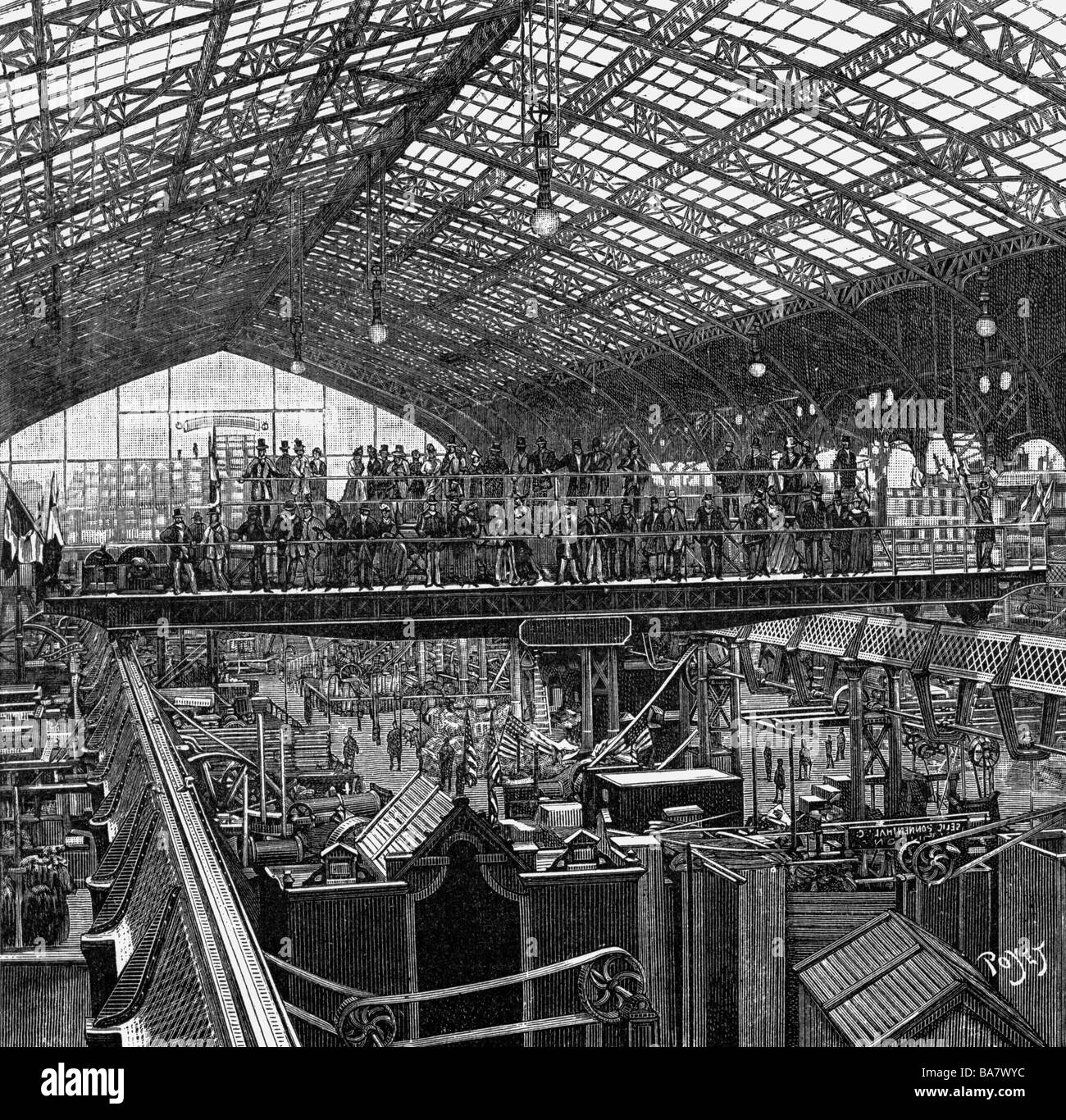 exhibitions, world exposition, Paris, Exposition Universelle, 6.5.1889 - 31.10.1889, interior view, machinery hall, wood engraving, 1889, machines, technics, industry, France, 19th century, historic, historical, people, Stock Photo