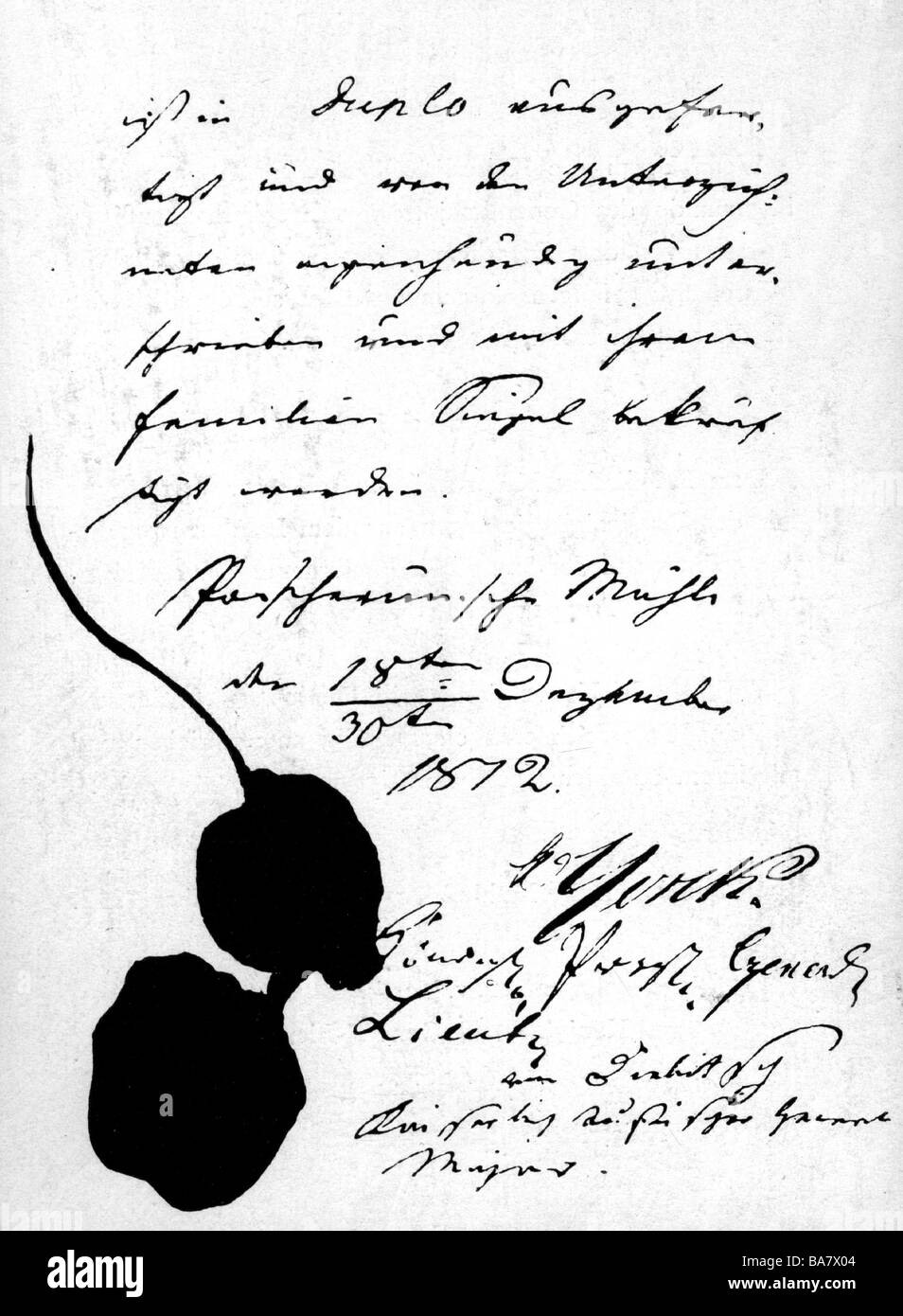 events, War of the Sixth Coalition 1812 - 1814, Convention of Tauroggen, 30.12.1812, document with signatures of Prussian general Johann Ludwig Yorck von Wartenburg and Russian field marshal Hans Karl von Diebitsch, Russia, Russian campaign, Napoleonic Wars, Ivan Ivanovich Diebitsch-Sabalkanski, Sabalkanski, Prussia, Napoleonic Wars, armistice, 19th century, historic, historical, Stock Photo