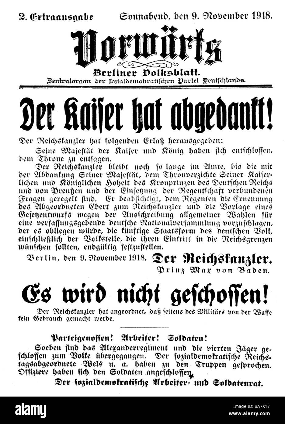 events, First World War / WW I, end of War, abdication of the German Emperor William II, headline: 'Der Kaiser hat abgedankt' (The Emperor has abdicated), newspaper 'Vorwärts', Berlin, 9.11.1918, Stock Photo