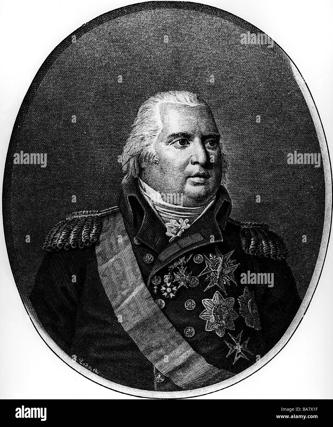Louis XVIII, 17.11.1755 - 16.9.1824, King of France 2.4.1814 - 16.9.1824, portrait, copper engraving by Andonin after drawing by Bouillon, 19th century, Artist's Copyright has not to be cleared Stock Photo