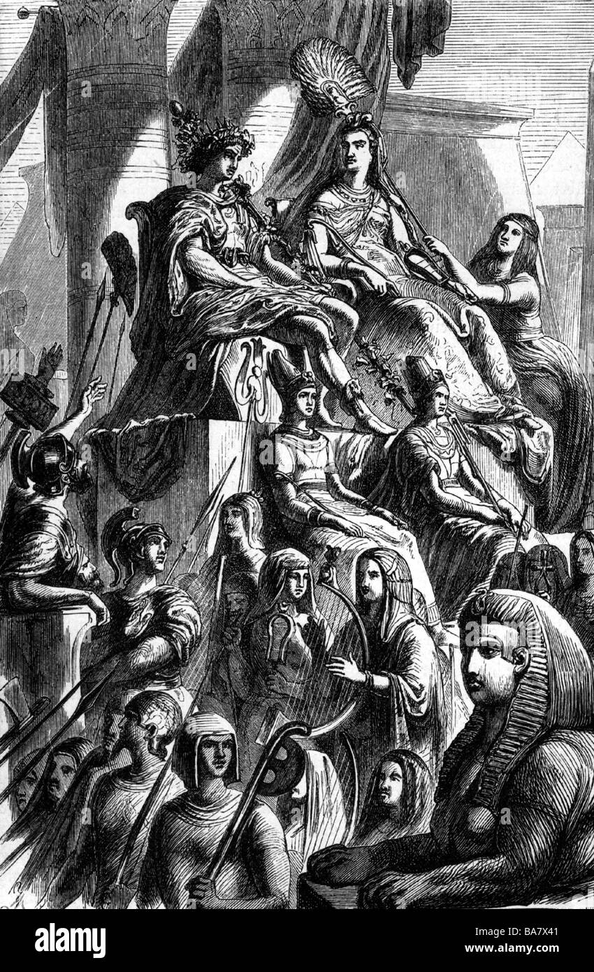 Cleopatra VII (Thea Philopator), 69 - 30 BC, Queen of Egypt, scene, Cleopatra and Mark Antony being worshipped as Isis and Osiris, wood engraving, 19th century, Stock Photo