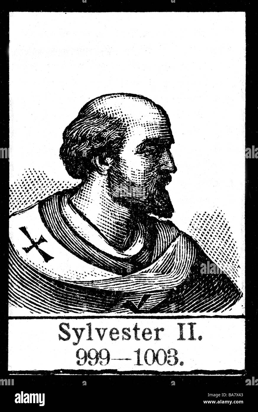 Sylvester II (Gerbert of Aurillac), circa 945 - 12.5.1003, Pope 2.4.999 - 12.5.1003, portrait, wood engraving, circa 1900, , Stock Photo