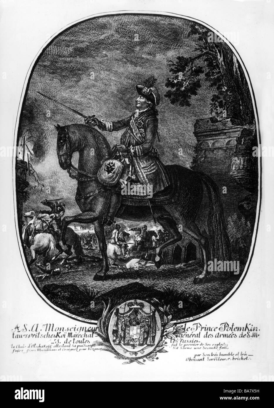Potyomkin, Grigori Alexandrovich, 13.9. (24.9.) 1739 - 4.10. (16.10.) 1791, Russian general and politician, equestrian image, copper engraving by Robert Brichel, 1789, Artist's Copyright has not to be cleared Stock Photo