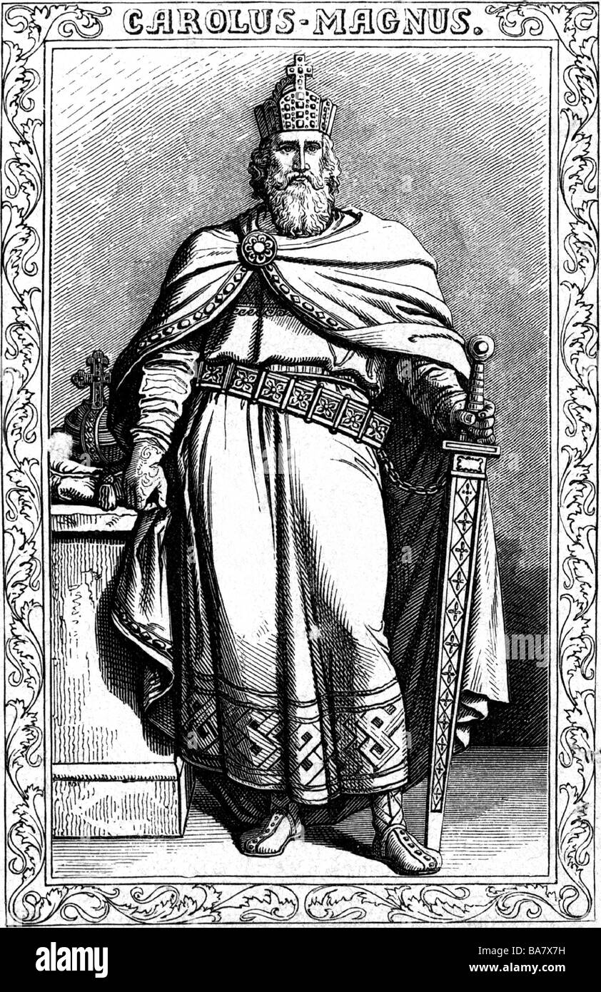 Charlemagne, 2.4.742 - 28.1.814, Roman Emperor 800 - 814, King of the Franks 768 - 814, full length, wood engraving, Stock Photo