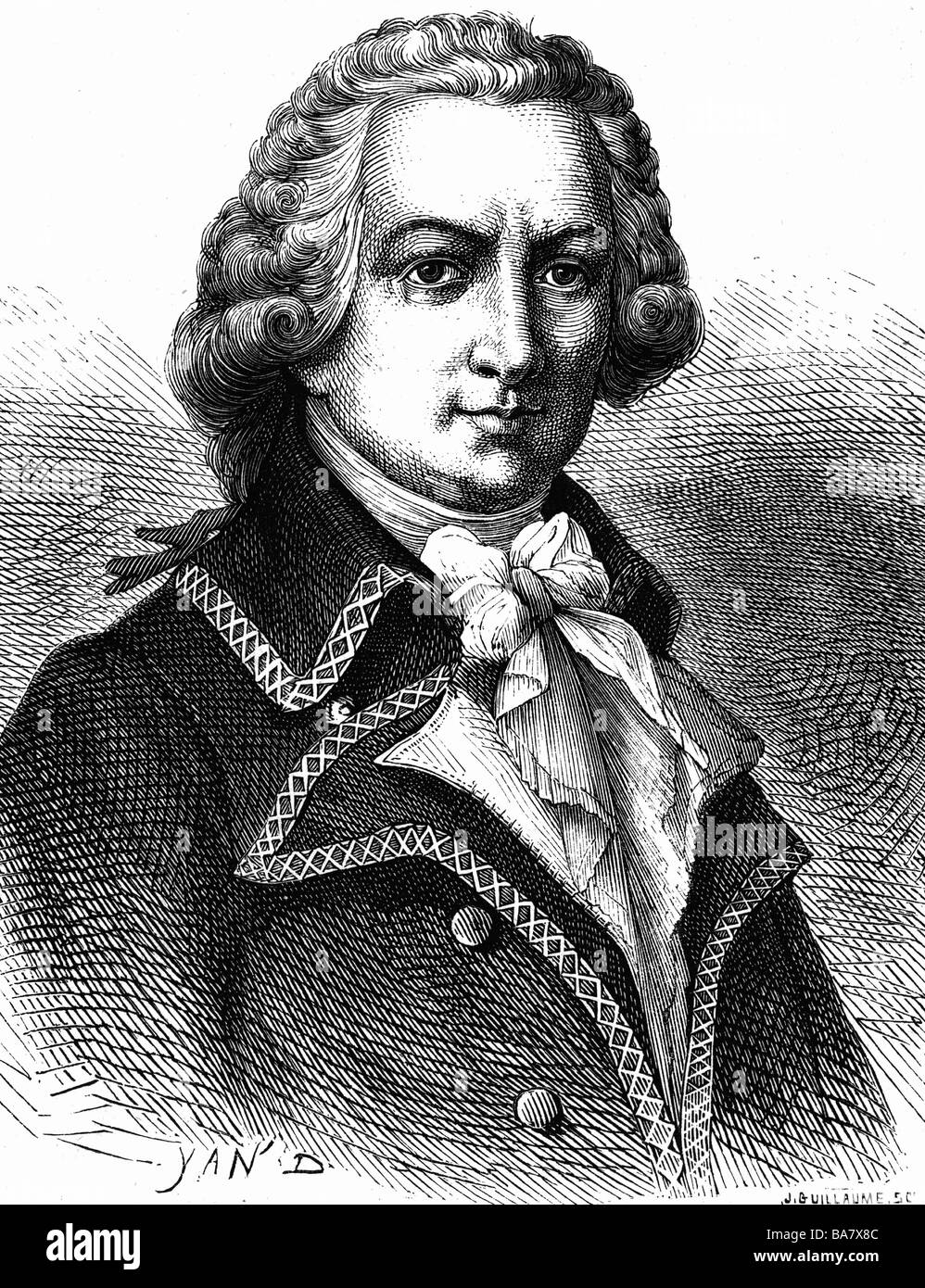 Bougainville, Louis Antoine de, 11.11.1729 - 31.8.1811, French discoverer and admiral, portrait, wood engraving by Guillaume, 19th century, after contemporary image, Stock Photo