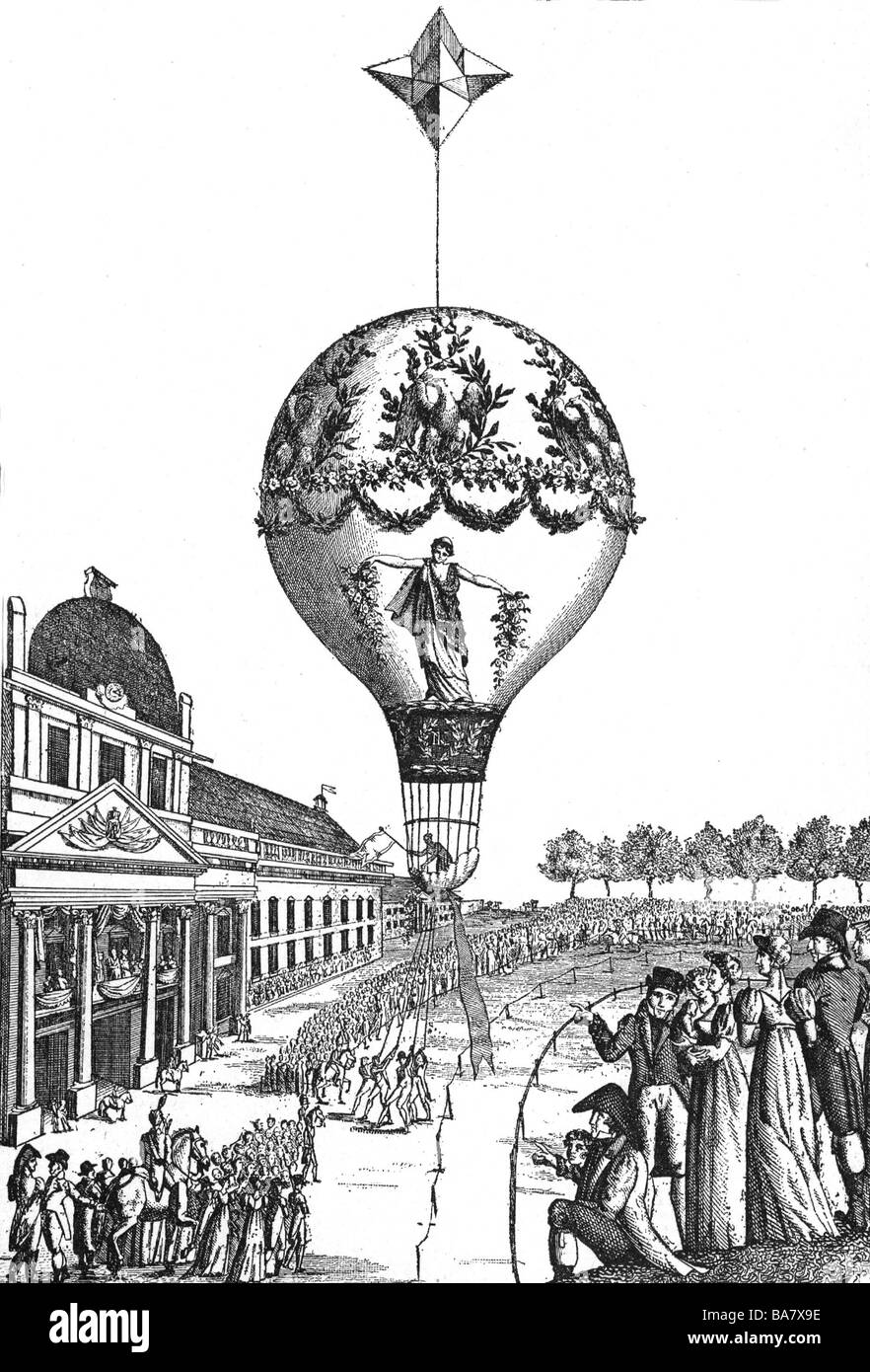 transport / transportation, aviation, balloons, 'Balloon flight with Mrs. Blanchard', Champ de Mars, Paris, 24.6.1810, anonymous contemporary image, Stock Photo