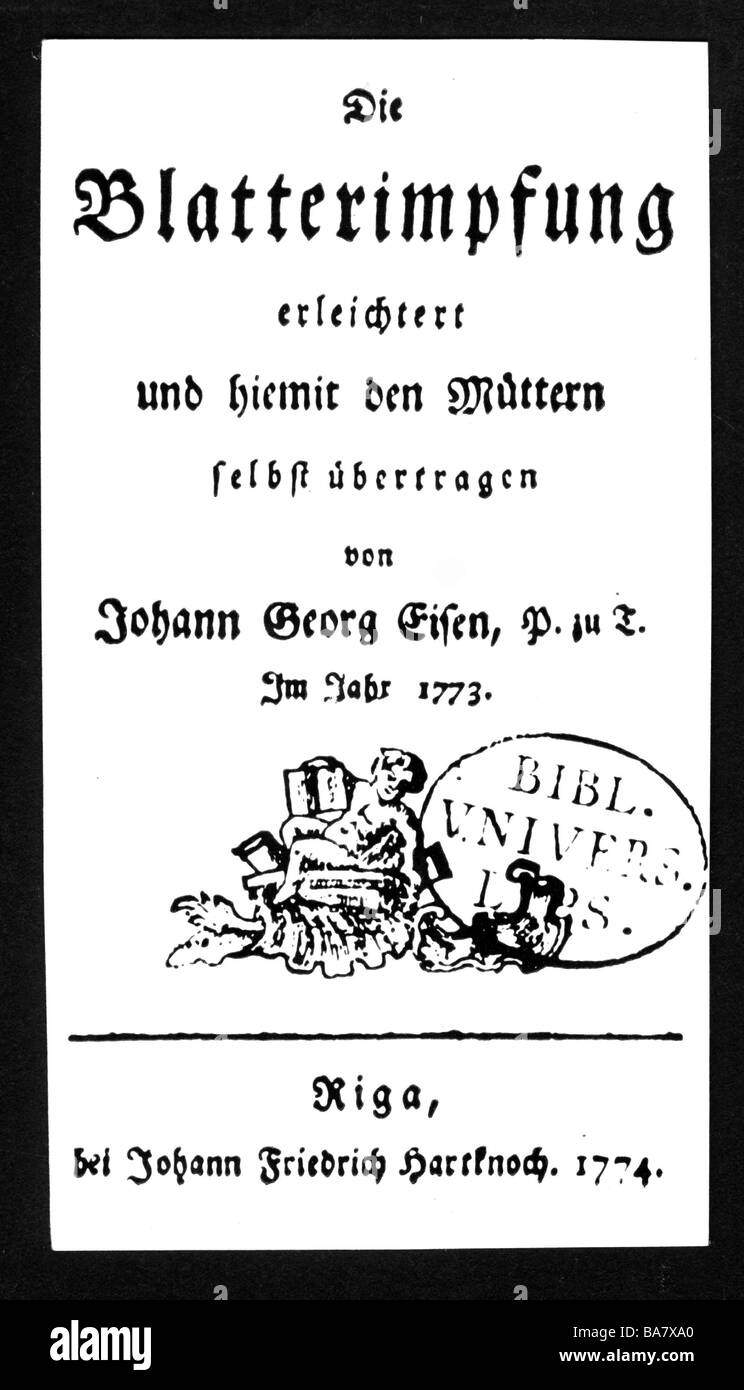Eisen, Johann Georg, 1717 - 1779, German clergyman, works, 'Die Blatterimpfung' (The variola vaccination), published by Johann, Stock Photo