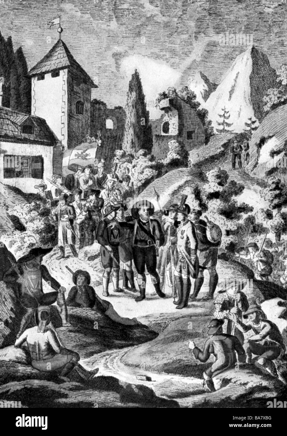 Hofer, Andreas, 22.11.1767 - 20.2.1810, Tyrolian freedom fighter, leaving to fight, wood engraving, Innsbruck, 1809, , Stock Photo