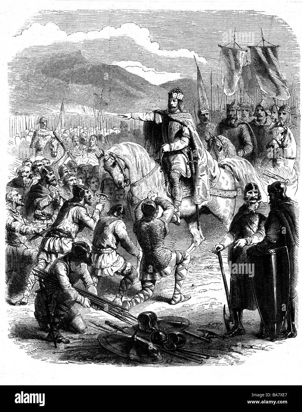 Charlemagne, 2.4.742 - 28.1.814, Roman Emperor 800 - 814, King of the Franks 768 - 814, Saxons submitting to him, wood engraving, 19th century, Stock Photo
