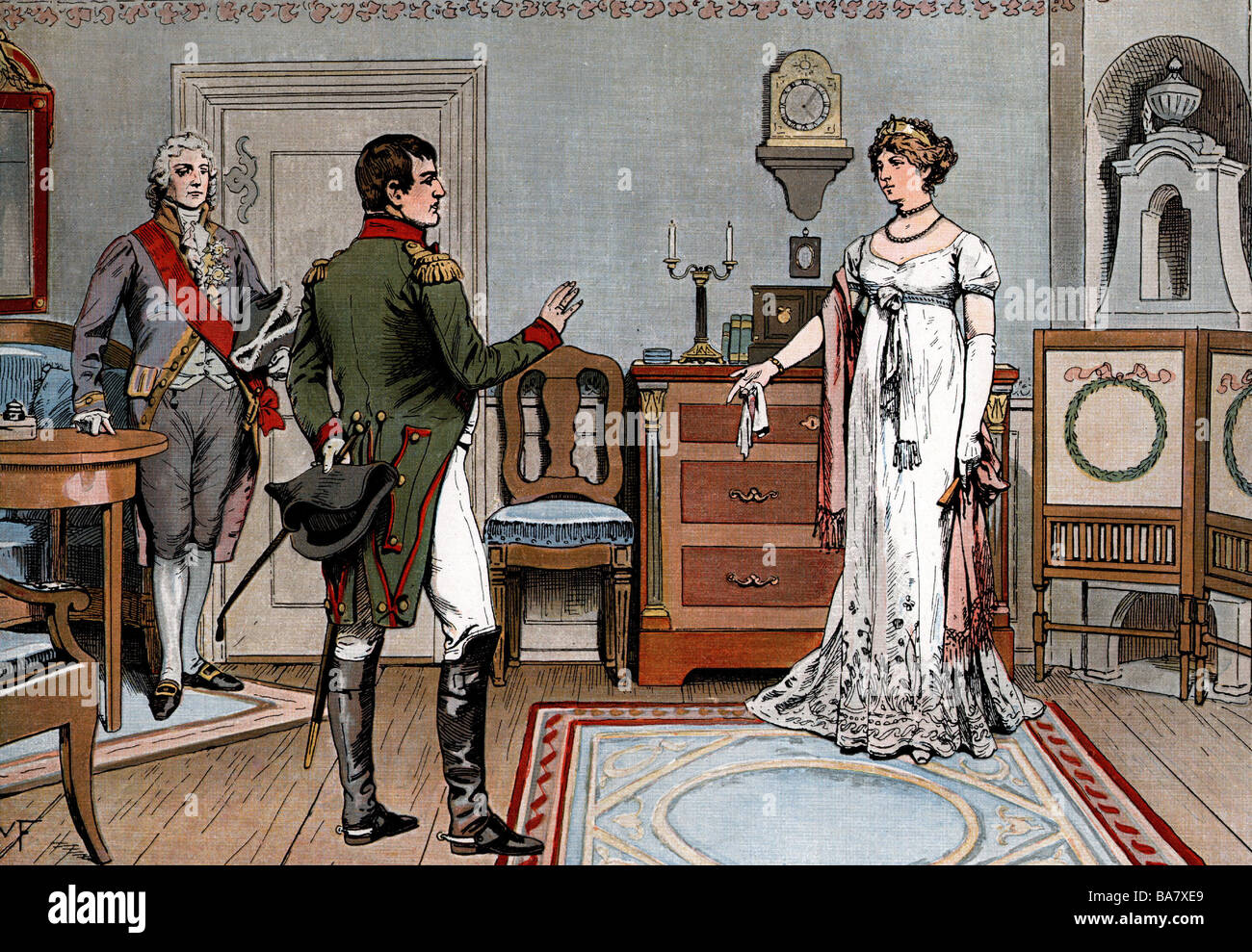 Napoleon I, 15.8.1769 - 5.5. 1821, Emperor of the French 2.12.1804 - 22.6.1815, meeting with Queen Louise of Prussia, Tilsit, 6.7.1807, drawing by Woldemar Friedrich, 19th century, Stock Photo