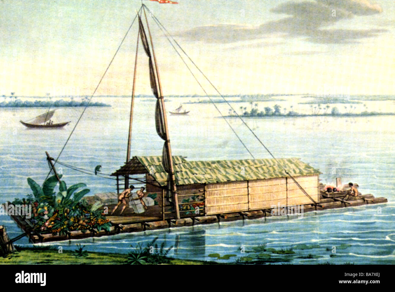 Humboldt, Alexander von, 14.9.1769 - 6.5.1859, German scientist (naturalist and geographer), expedition to South America, raft on Guayaquil River, Ecuador, 1799/1804, colour print after drawing by himself, Stock Photo