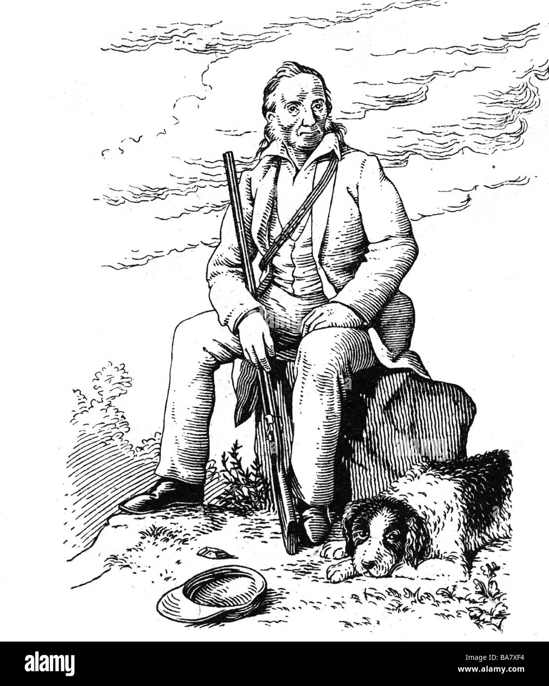 Boone, Daniel, 2.11.1734 - 26.9.1820, American pioneer and hunter, full length, with a dog, drawing by August Tschinke, 1948, Stock Photo