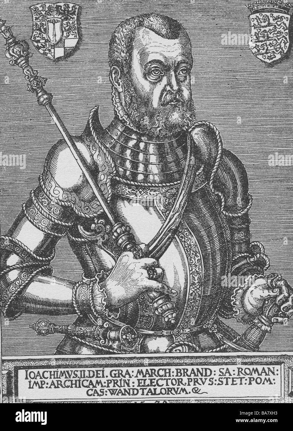 Joachim II Hector, 9.1.1505 - 3.1.1571, Elector of Brandenburg 1535 - 1571, half length, copper engraving by Franz Friedrich, 1570, Artist's Copyright has not to be cleared Stock Photo