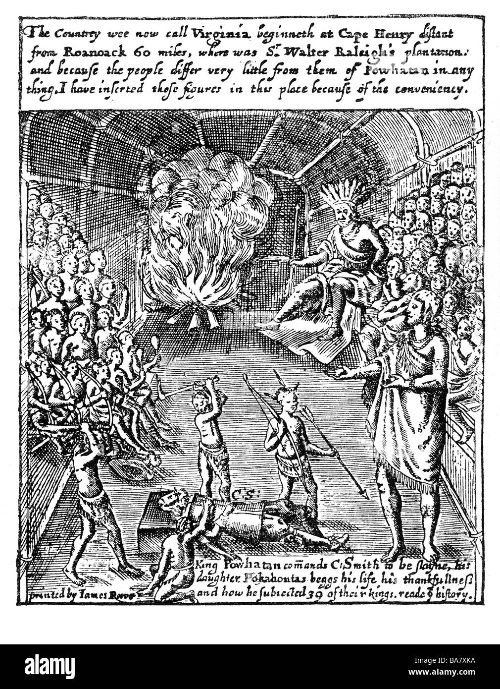 Pocahontas (Matoaka), circa 1595 - 21.3.1617, Native American, full length, rescuing John Smith before burning by her tribe, copper engraving, 17th century, Artist's Copyright has not to be cleared Stock Photo
