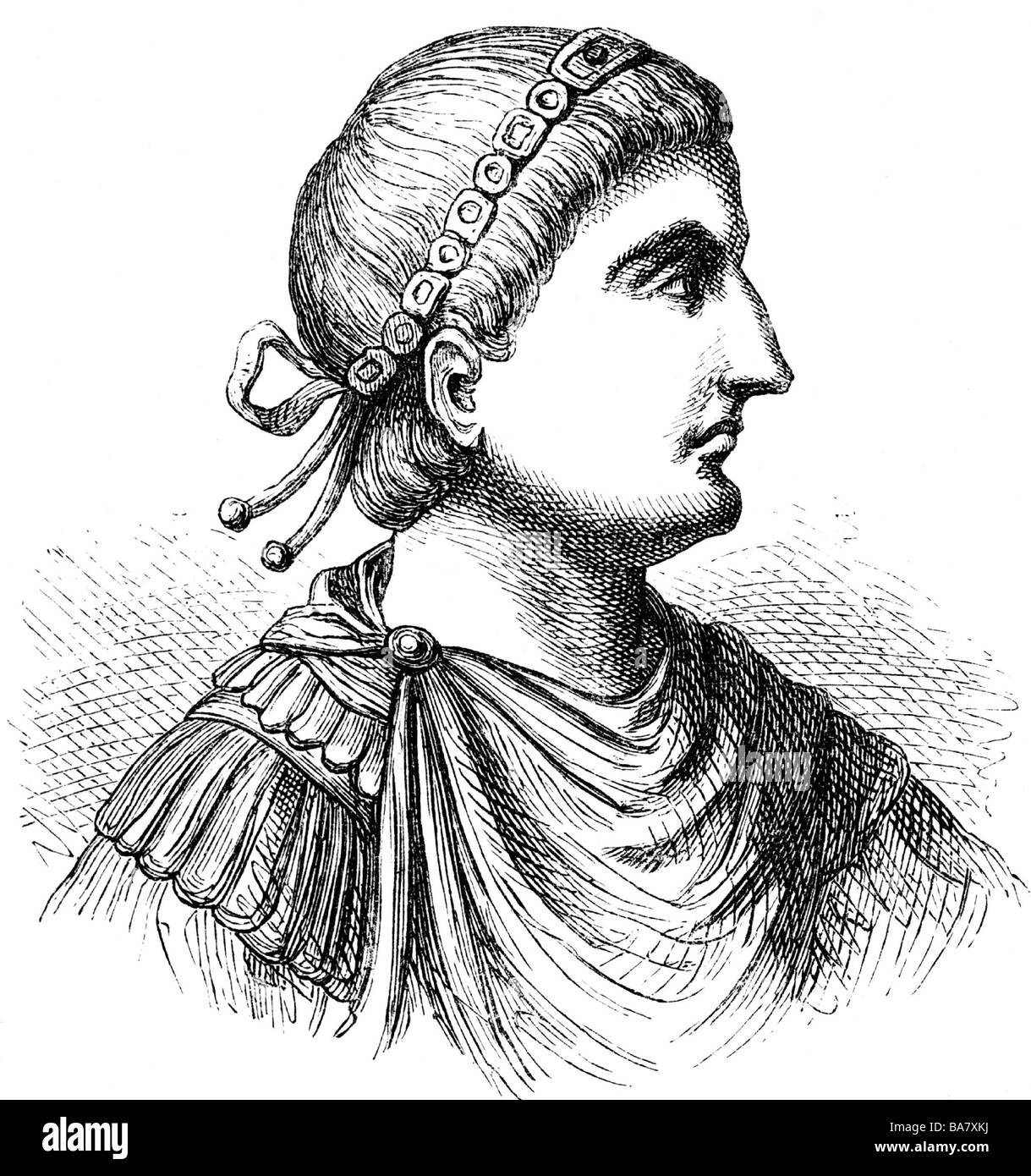 Theodosius I., Flavius, 'the Great', 11.1.347 - 17.1.395, Roman Emperor 19.1.379 - 17.1.395, portrait, wood engraving, 19th century, , Stock Photo