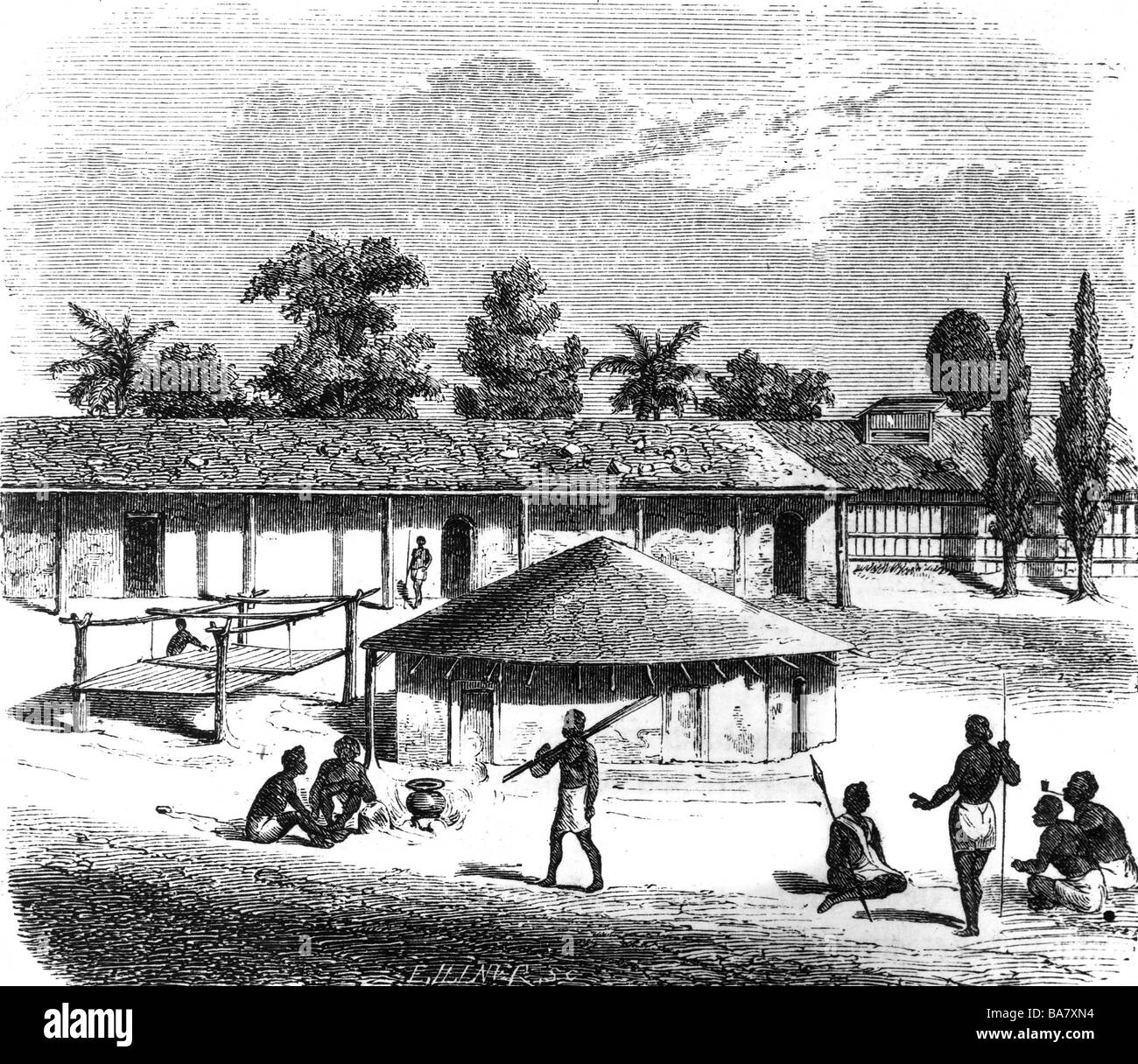 Burton, Richard Francis, 19.3.1821 - 20.10.1890, British explorer, view of Tembe, South Africa, wood engraving, 19th century, Stock Photo