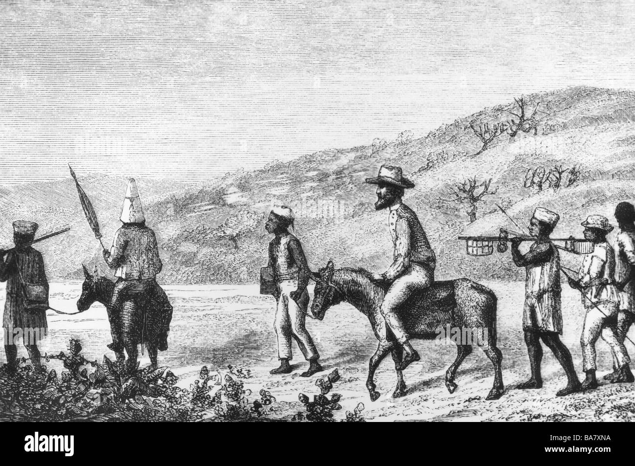 Burton, Richard Francis, 19.3.1821 - 20.10.1890, British explorer, full length, with his companions on an expedition, South Africa, wood engraving, 19th century, Stock Photo