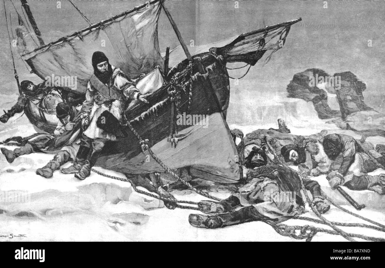 Franklin, Sir John, 16.4.1786 - 11.6.1847, British Royal Navy officer, Arctic explorer, the tragic end of his expedition to discover the Northwest Passage 1845, steel engraving after painting by W. Thomas Smith, Artist's Copyright has not to be cleared Stock Photo