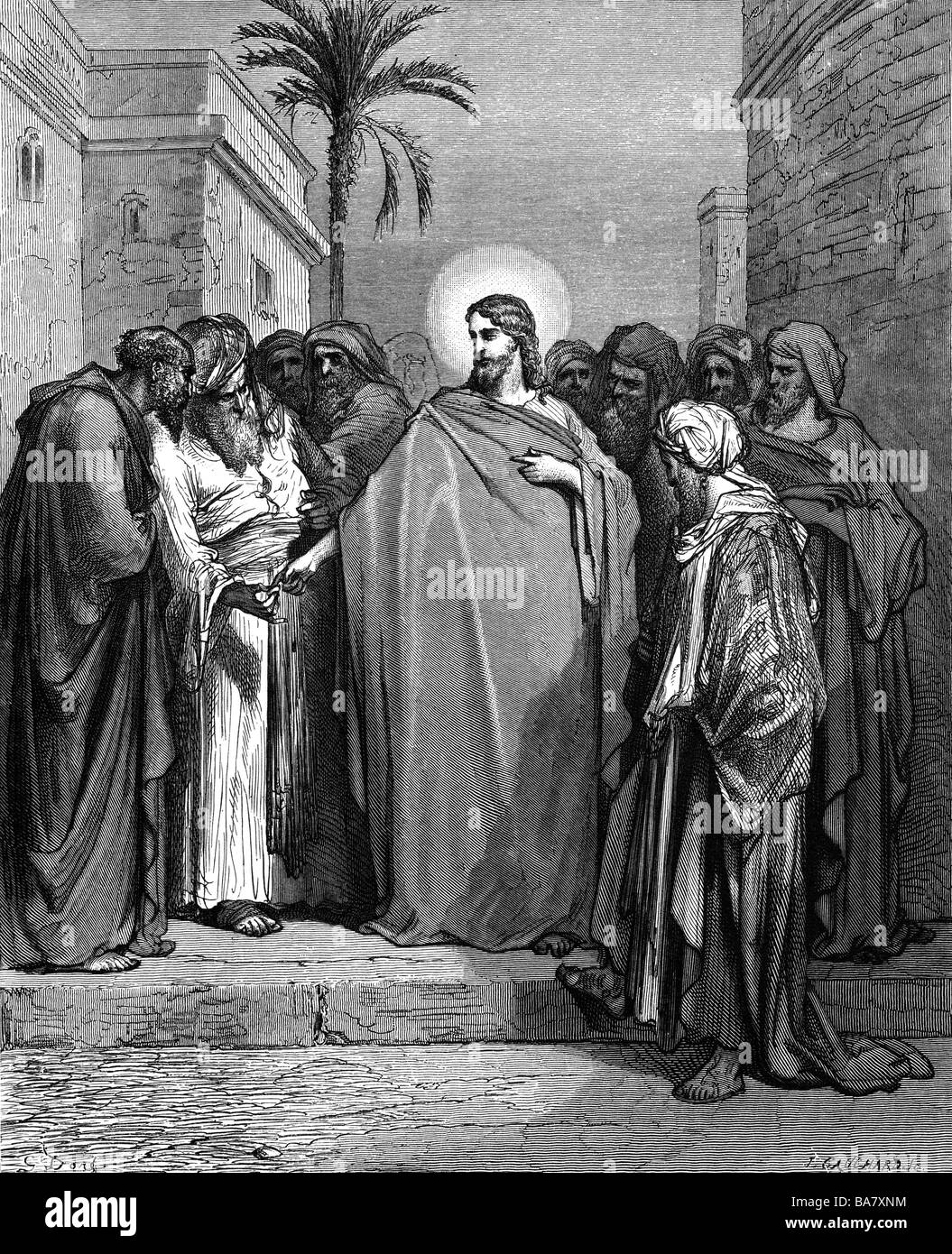 religion, christianity, Jesus Christ, 'The Tax coin', wood engraving by Gustave Dore, circa 1865, , Artist's Copyright has not to be cleared Stock Photo