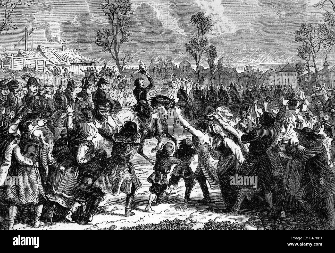events, War of the Forth Coalition 1806 - 1807, French troops led by Marshal Joachim Murat entering Warsaw, 28.11.1806, wood engraving, 19th century, Napoleonic Wars, Poland, cavalry, cheering, crowd, historic, historical, people, Stock Photo