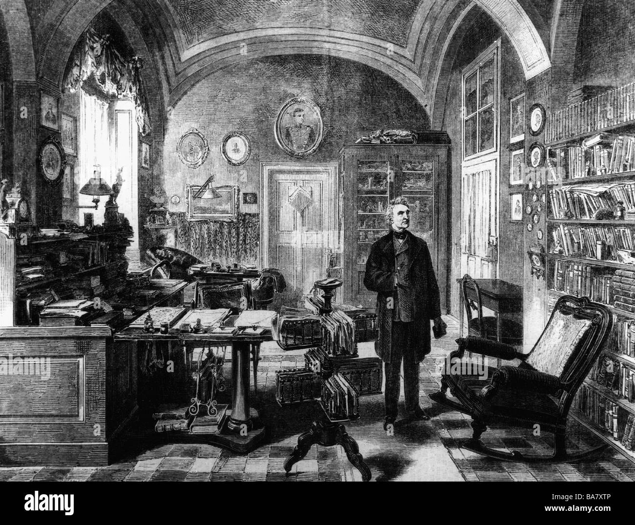 Liebig, Justus von, 12.5.1803 - 18.4.1873, German chemist, in his study, wood engraving, after drawing by G. Theuerlauf, 1887, Stock Photo