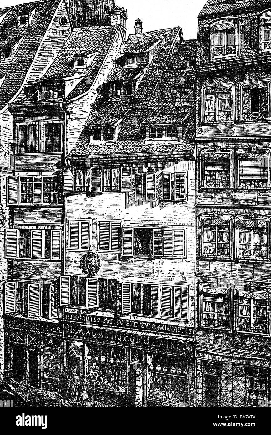 Goethe, Johann Wolfgang, 28.8.1749 - 22.3.1832, German author / writer, house in Strassbourg where he lived during his study 1770/1771, exterior view, wood engraving, 19th century, , Stock Photo