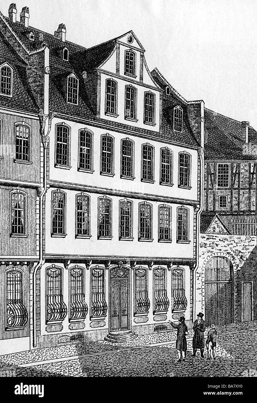 Goethe, Johann Wolfgang, 28.8.1749 - 22.3.1832, German author / writer, birth place, house in Frankfurt am Main after reconstruction 1755, copper engraving, 1832, , Artist's Copyright has not to be cleared Stock Photo