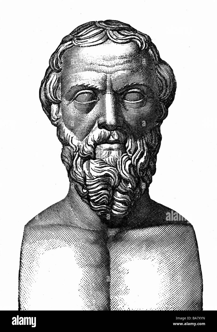 Herodotus, 484 BC - 425 BC, Greek scientist (historian), portrait, wood engraving after ancient bust, Stock Photo