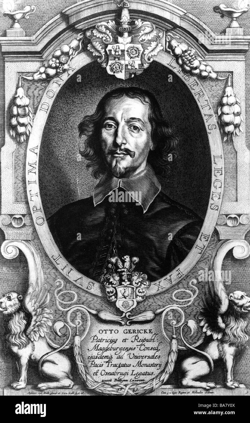 Guericke, Otto von, 20.11.1602 - 11.5.1686, German scientist (physicist), portrait, copper engraving by Cornelius Galle after painting by Anselm van Hulle, 1649, Artist's Copyright has not to be cleared Stock Photo