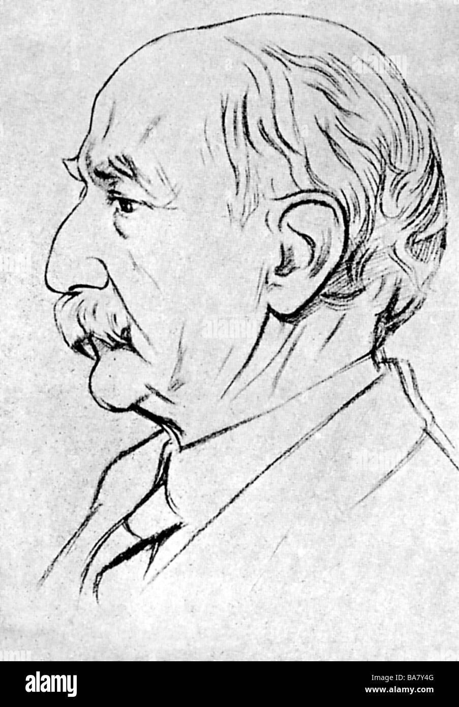 Hardy, Thomas, 2.6.1840 - 11.1.1928, brit. author / writer, portrait, side view, after drawing by W. Rothenstern, 1916, , Stock Photo