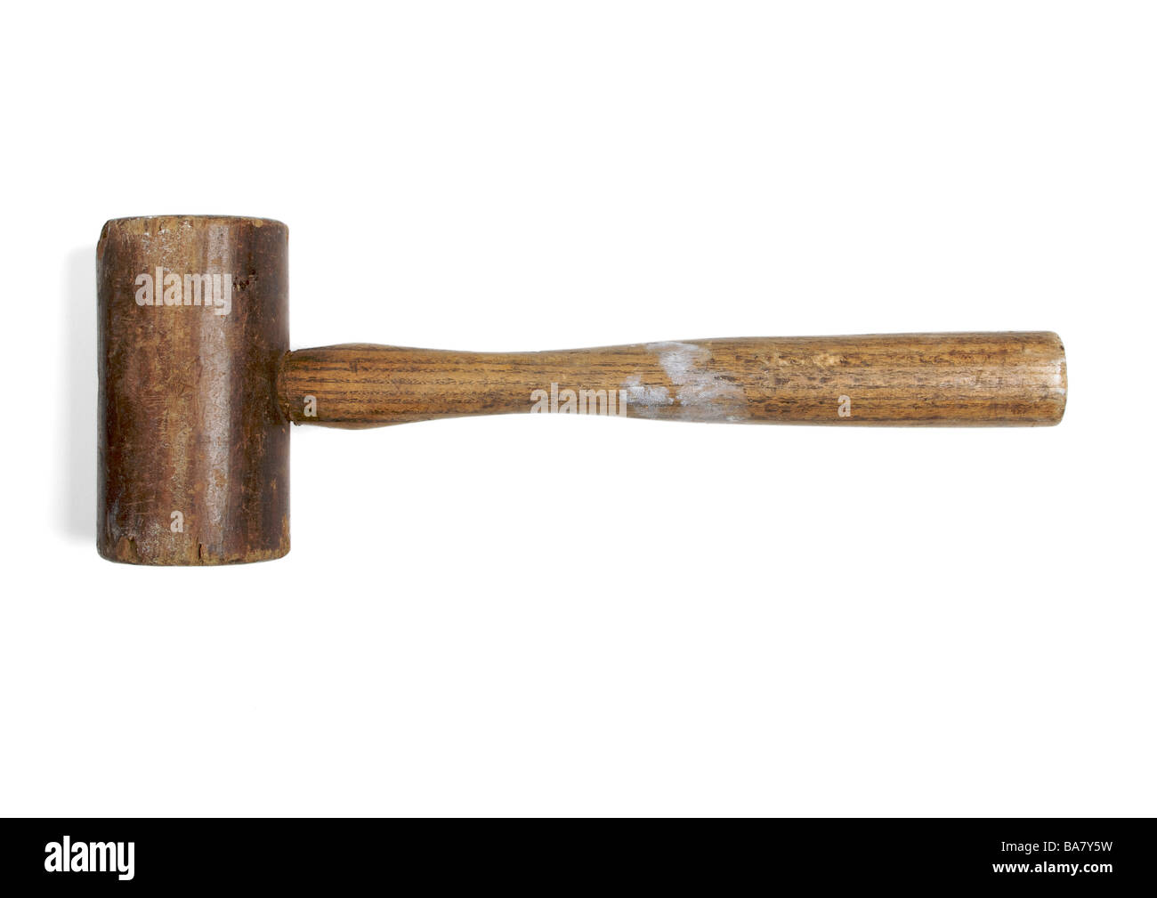 Old wooden mallet on white background Stock Photo Alamy