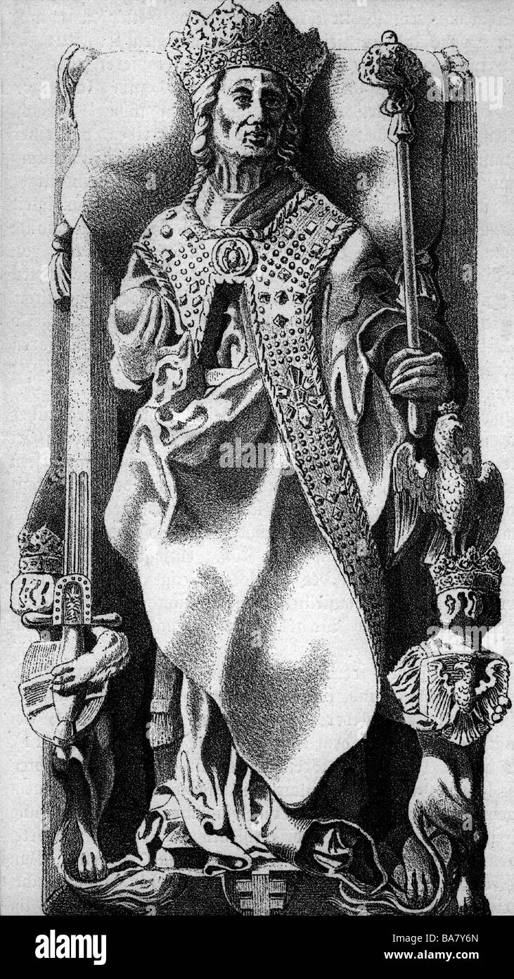 Casimir IV, 30.11.1427 - 7.6.1492, King of Poland 10.11.1444 - 7.6.1492, full length, sculpture by Veit Stoss, Wawel Cathedredal, Krakow, drawing by Effenwein, 19th century, , Stock Photo