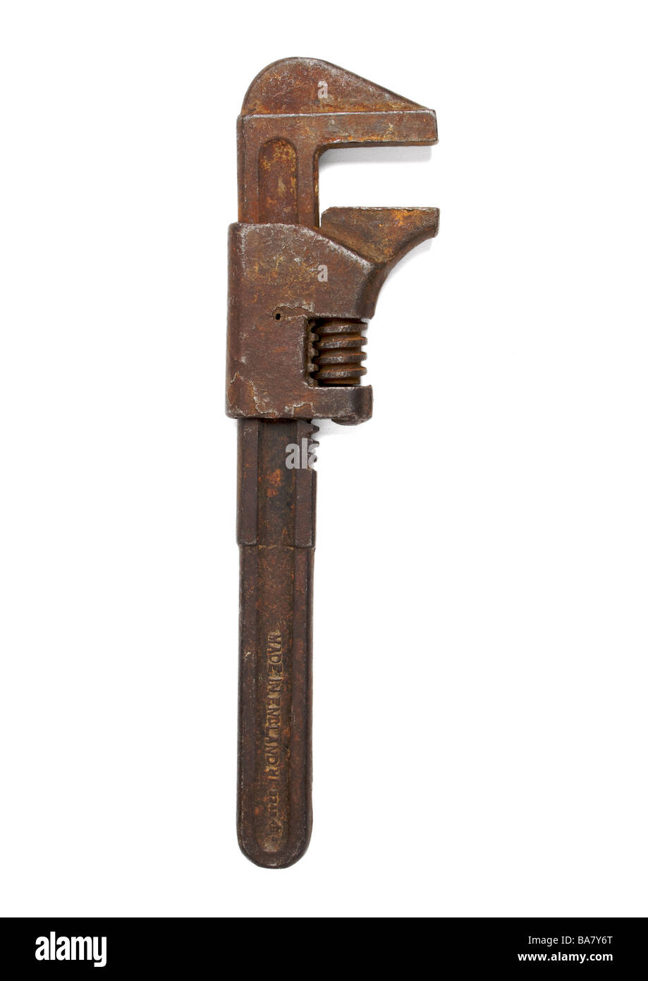 Old rusty pipe wrench on white background Stock Photo