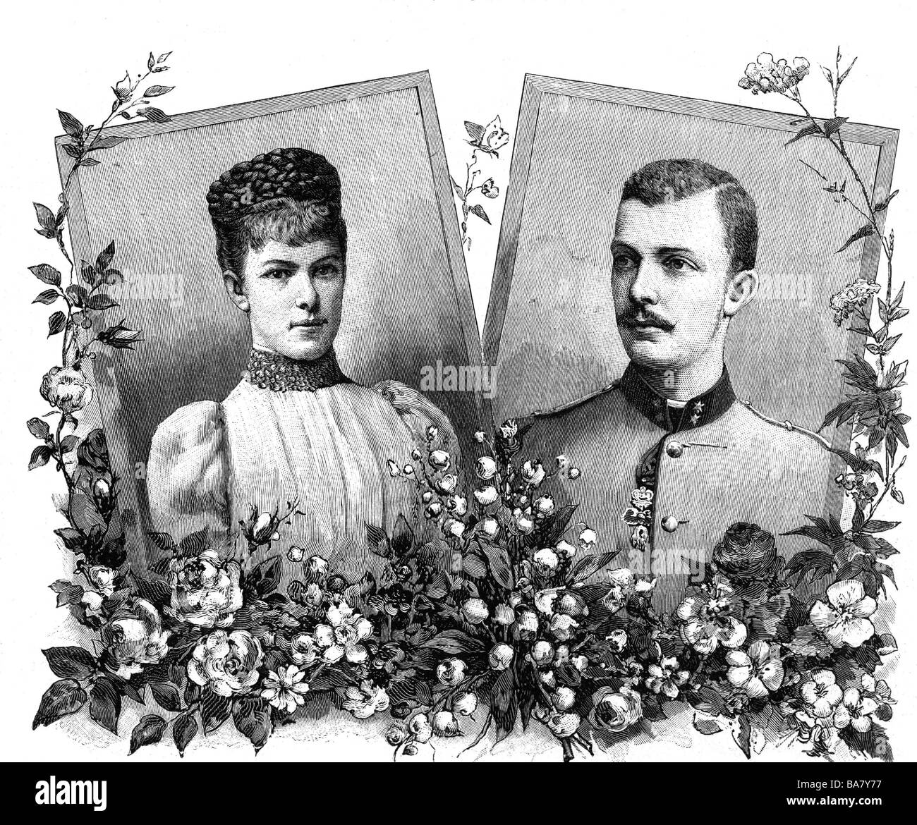 Franz Salvator, 21.8.1866 - 20.4.1939, Archduke of Austria-Tuscany, with wife Archduchess Marie Valerie (22.4.1856 - 6.9.1924), portraits, wood engraving, 1889, , Stock Photo