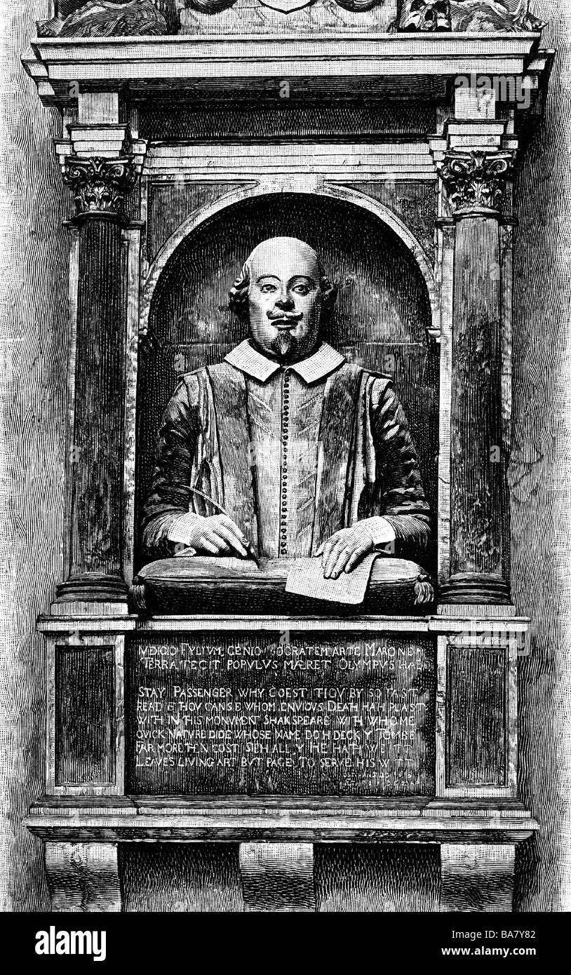 Shakespeare, William, 23.4.1564 - 23.4.1616, English poet, his grave, Holy Trinity Church, Stratford upon Avon, wood engraving, Stock Photo