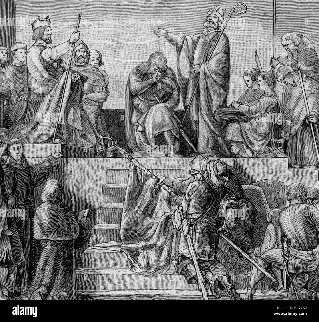 Widukind, circa 730 - circa 810, Duke of the Saxons, baptism at Attigny 785, wood engraving by Alfred Rethel (1816 - 1859), 19th century, , Stock Photo