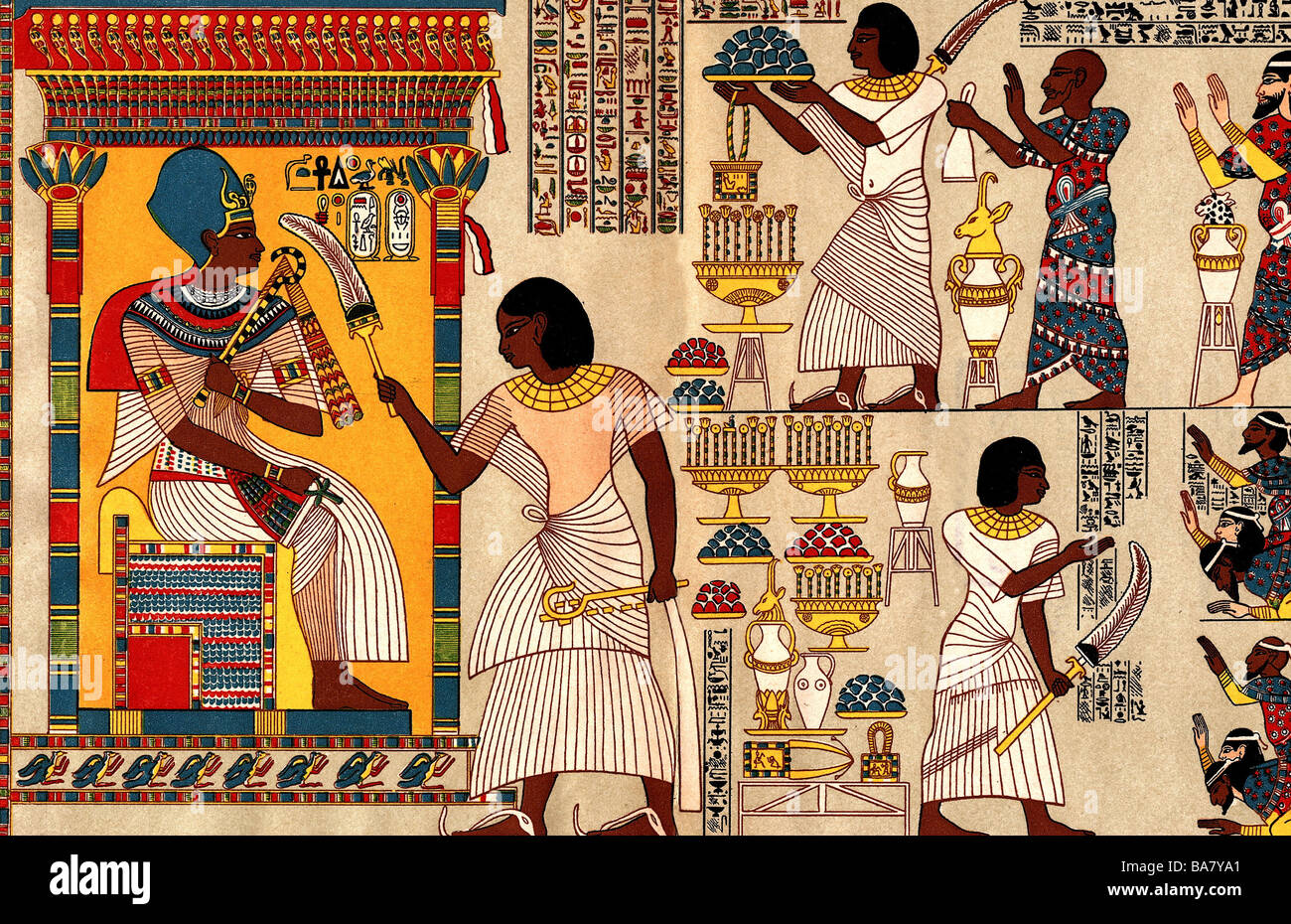 Tutankhamun, King of Egypt, 1333 - 1323 BC, 18th Dynasty, scene, receiving tributes from Syria, in front of him the state official Hui, colour print, Germany, 19th century, after mural painting from Hui's grave, Stock Photo