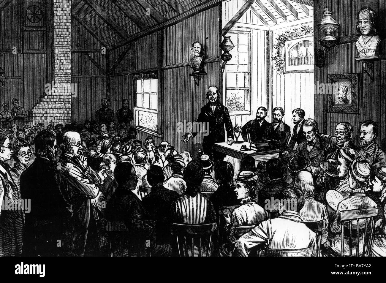 Emerson, Ralph Waldo, 25.5.1803 - 27.4.1882, US philosopher, giving speech at the 'Concord School of Philosophy', USA, Stock Photo