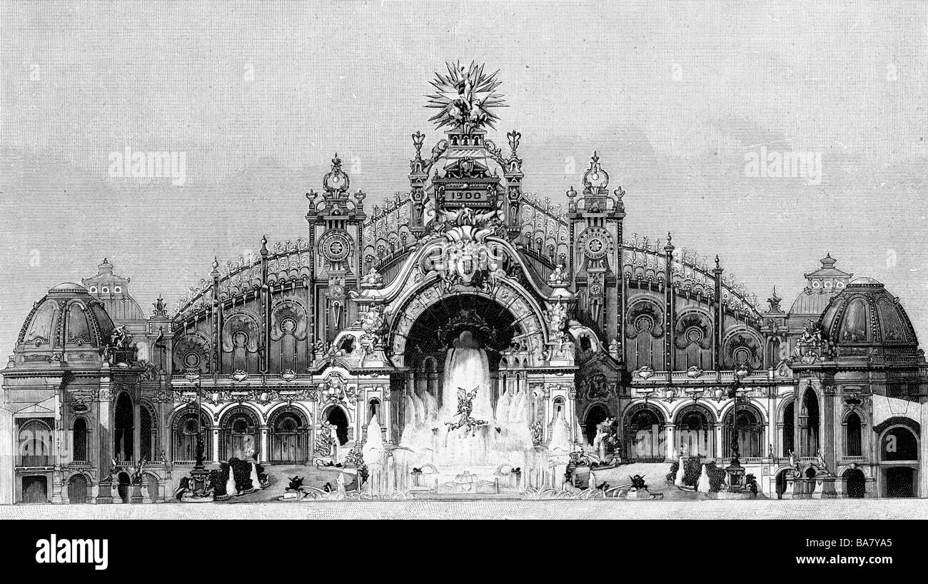 exhibitions, world exposition, Expostion Universelle, Paris, 15.4.1900 - 12.11.1900, Electricity palace, exterior view, wood engraving by Richard Bong, 1900,  exhibition, France, architecture, hall, illumination, 19th century, historic, historical, Europe, people, 1900s, Stock Photo